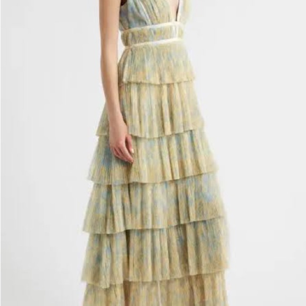 Hutch Amora V-Neck Tiered Maxi Dress in Pastel Yellow and Blue